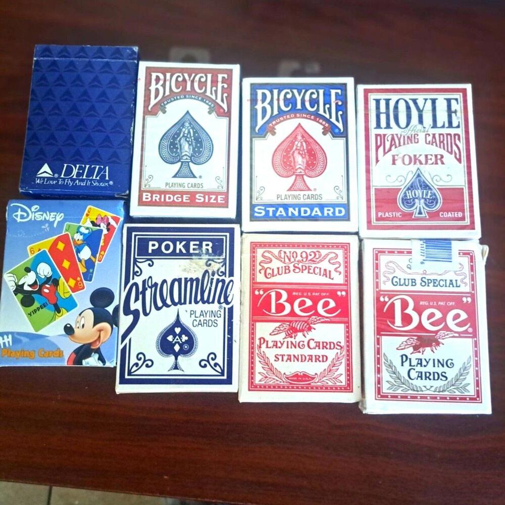 Lot of 8 Playing Cards Bicycle Bee Hoyle Streamline Disney Delta Airlines Decks